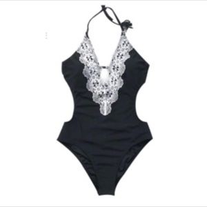 Cupshe Black One Piece Monokini Lace Bodice Small
